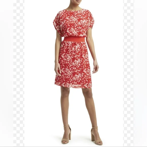 NWT H by Halston Coral Red Brush Stroke Dress Cap Sleeves Knee Length Sz. M - Picture 2 of 12